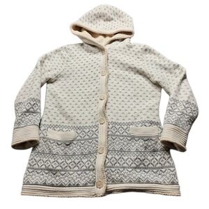 L.L. Bean Cardigan Womens Large Cream Knit Fair Isle Sherpa Fleece Lined Hooded